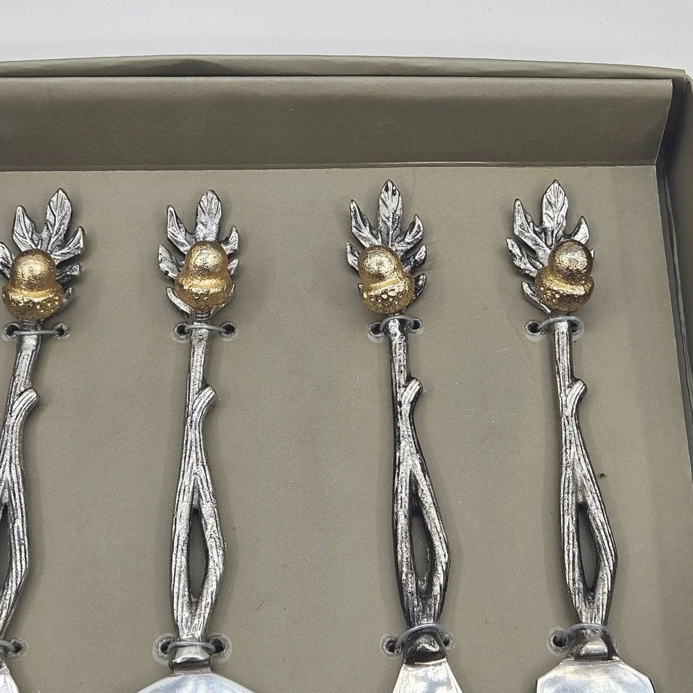 4pc Acorn Oak Leaf Cheese Knife Set Silver Gold Twig Handle Nature Theme NEW